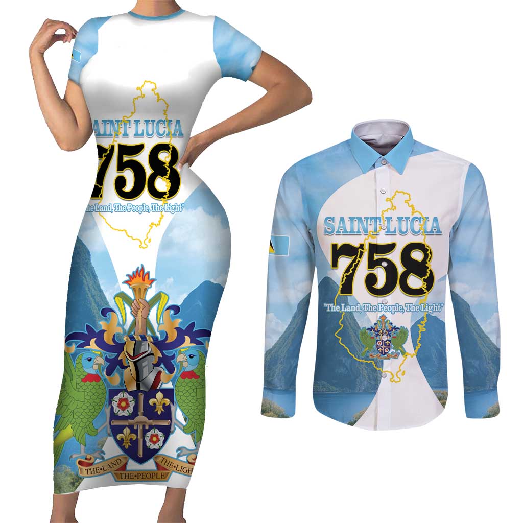 Proud To Be Saint Lucia 758 Couples Matching Short Sleeve Bodycon Dress and Long Sleeve Button Shirt Pitons With Map - Wonder Print Shop