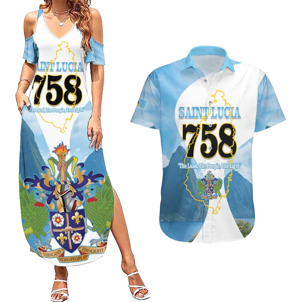 Proud To Be Saint Lucia 758 Couples Matching Summer Maxi Dress and Hawaiian Shirt Pitons With Map - Wonder Print Shop