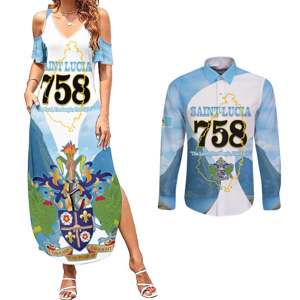 Proud To Be Saint Lucia 758 Couples Matching Summer Maxi Dress and Long Sleeve Button Shirt Pitons With Map - Wonder Print Shop