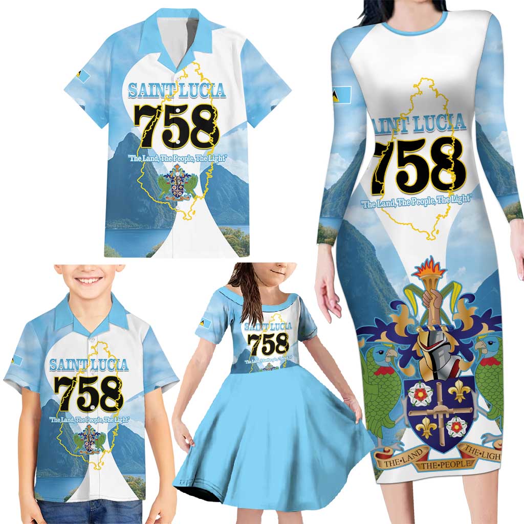 Proud To Be Saint Lucia 758 Family Matching Long Sleeve Bodycon Dress and Hawaiian Shirt Pitons With Map - Wonder Print Shop