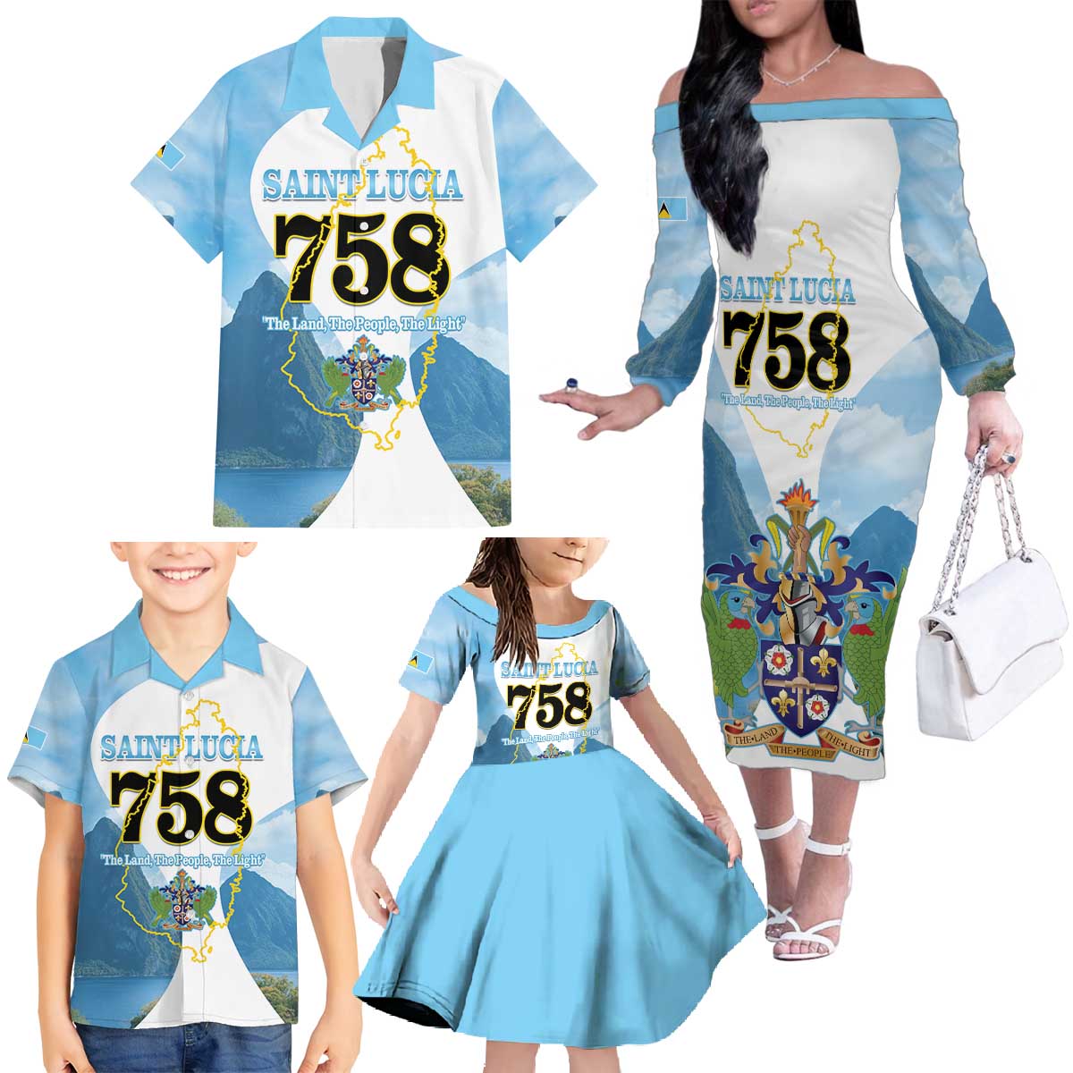 Proud To Be Saint Lucia 758 Family Matching Off The Shoulder Long Sleeve Dress and Hawaiian Shirt Pitons With Map - Wonder Print Shop