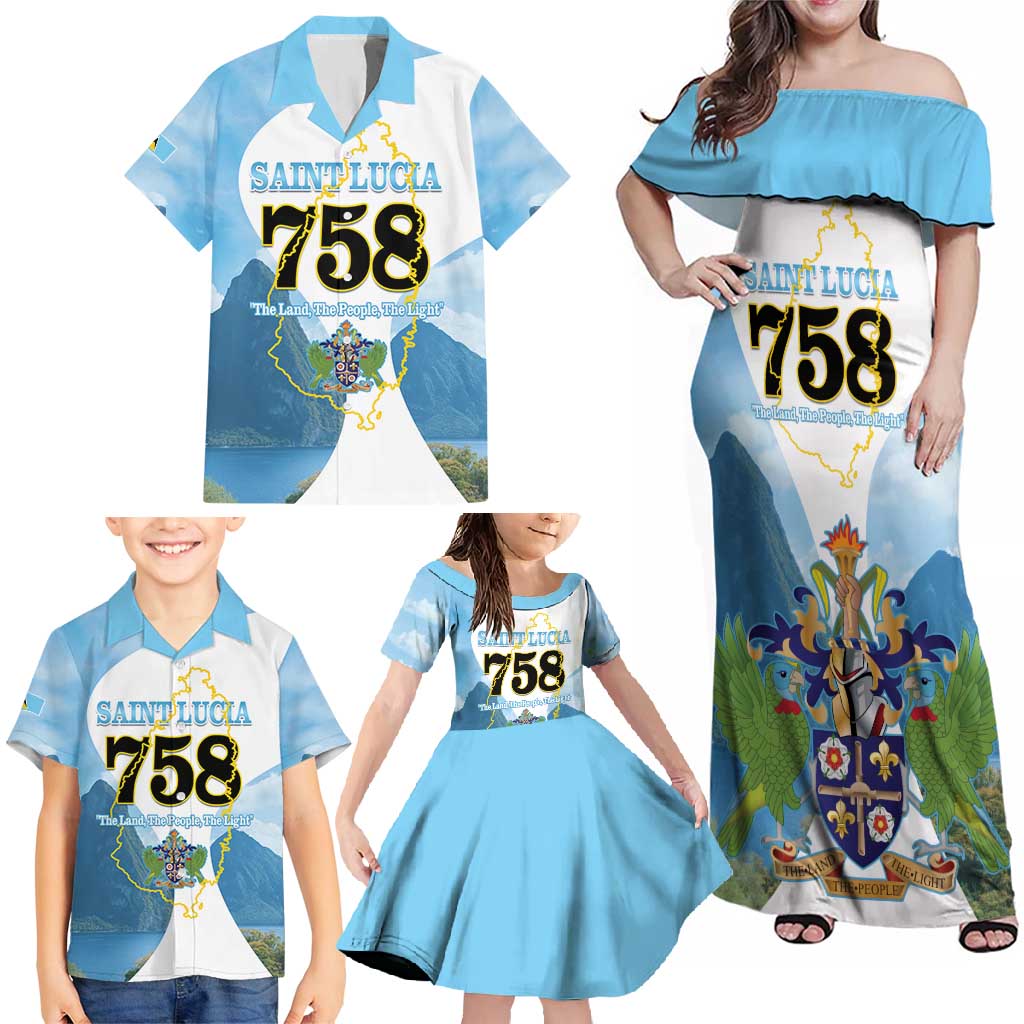 Proud To Be Saint Lucia 758 Family Matching Off Shoulder Maxi Dress and Hawaiian Shirt Pitons With Map - Wonder Print Shop