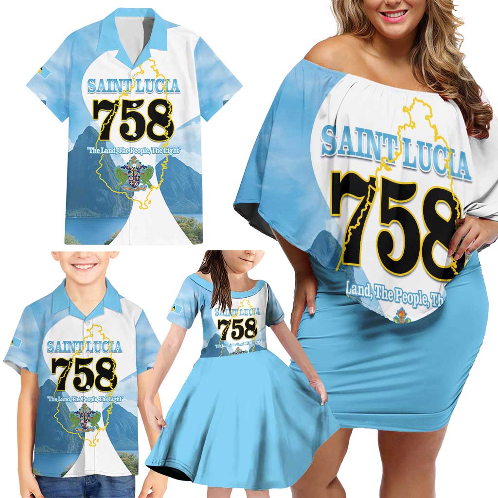 Proud To Be Saint Lucia 758 Family Matching Off Shoulder Short Dress and Hawaiian Shirt Pitons With Map - Wonder Print Shop