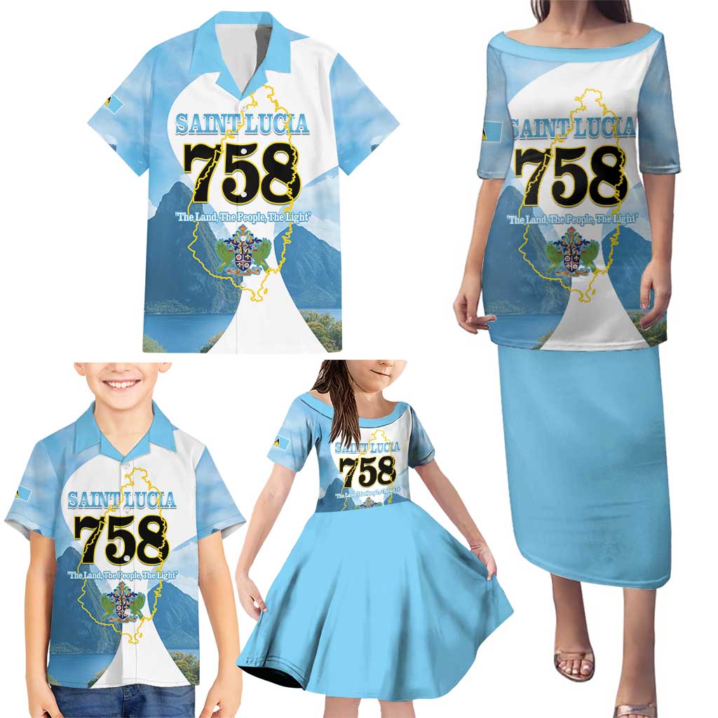 Proud To Be Saint Lucia 758 Family Matching Puletasi and Hawaiian Shirt Pitons With Map - Wonder Print Shop