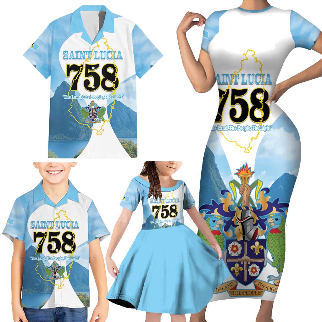 Proud To Be Saint Lucia 758 Family Matching Short Sleeve Bodycon Dress and Hawaiian Shirt Pitons With Map - Wonder Print Shop