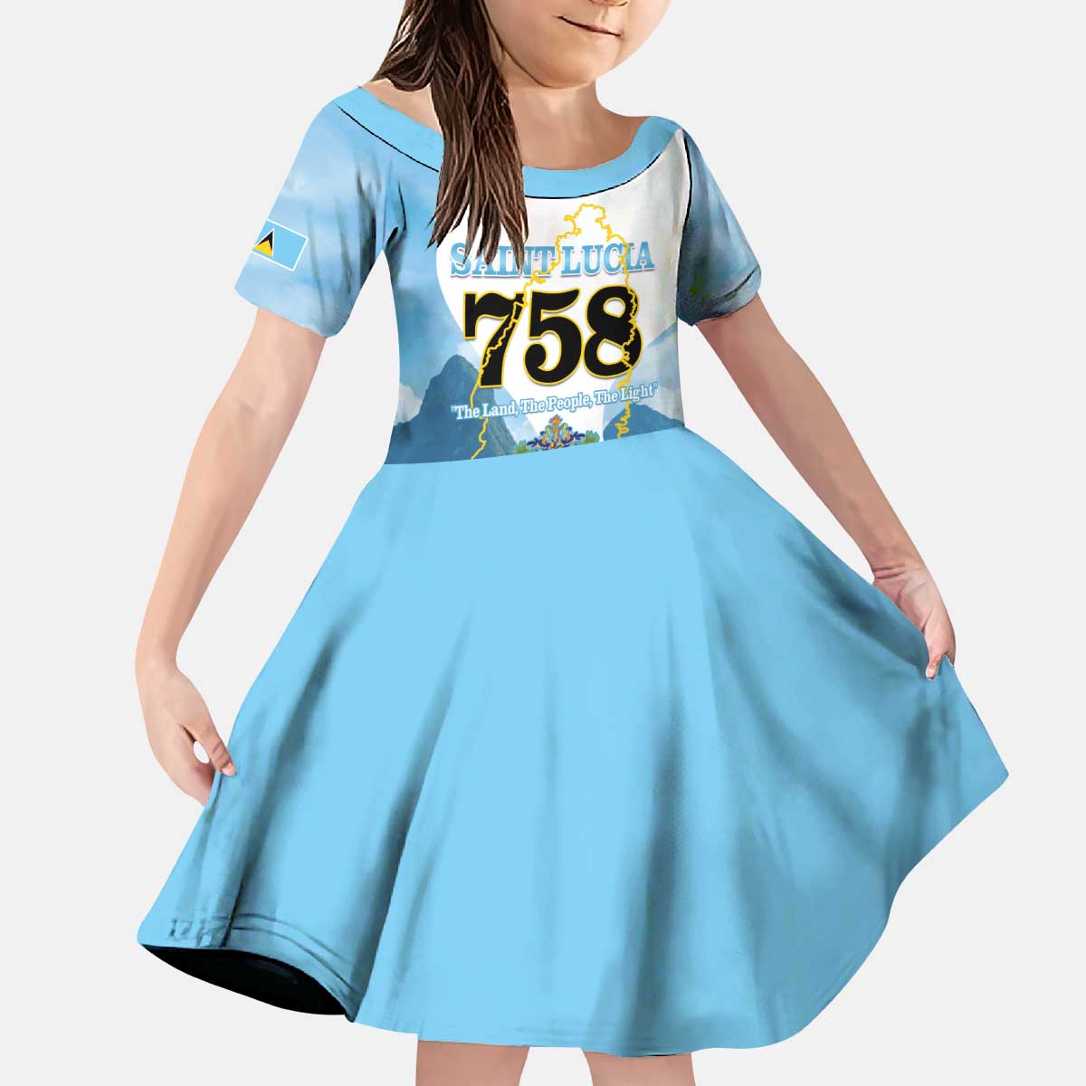 Proud To Be Saint Lucia 758 Kid Short Sleeve Dress Pitons With Map - Wonder Print Shop