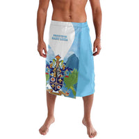 Blue and white printed lavalava skirt with island map graphic and crest