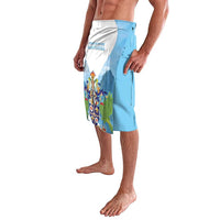 Printed lavalava with white panel and blue wrap-style sides, map artwork