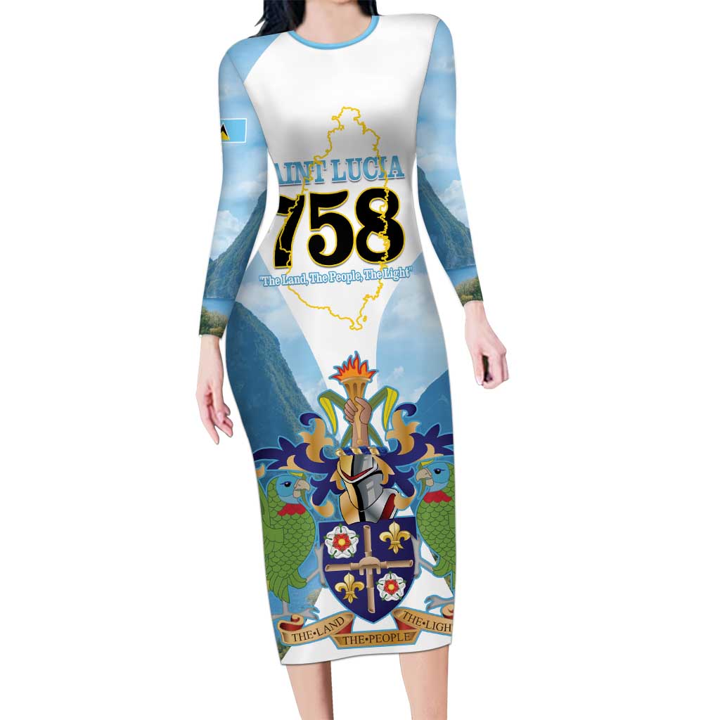 Proud To Be Saint Lucia 758 Long Sleeve Bodycon Dress Pitons With Map - Wonder Print Shop