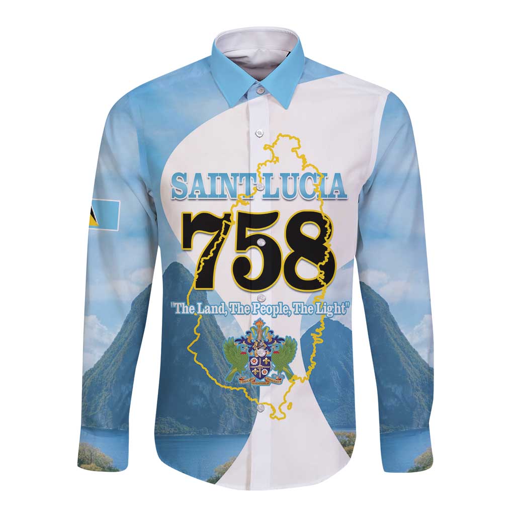 Blue long-sleeve button shirt with Saint Lucia 758 map graphic and point collar