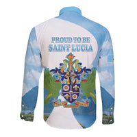 Blue long-sleeve button shirt with back crest and “PROUD TO BE SAINT LUCIA” text
