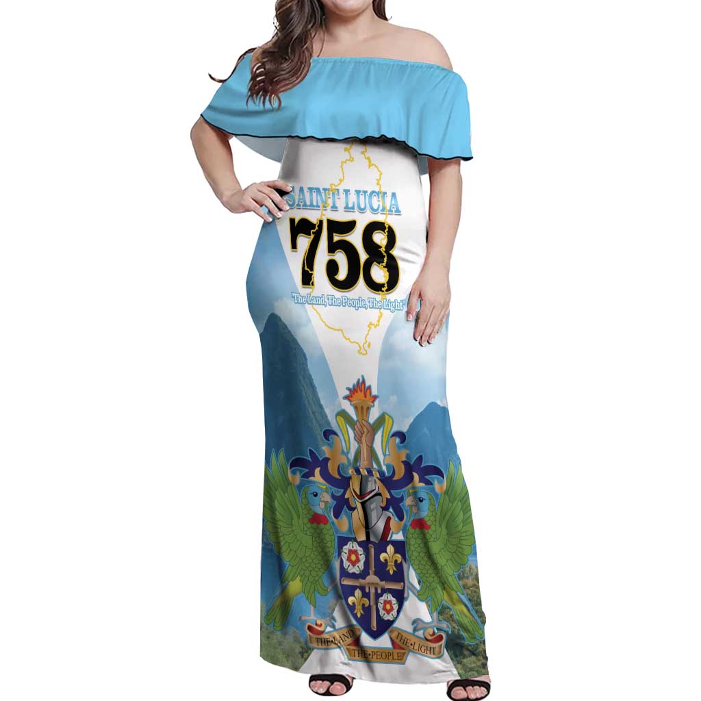 Proud To Be Saint Lucia 758 Off Shoulder Maxi Dress Pitons With Map - Wonder Print Shop