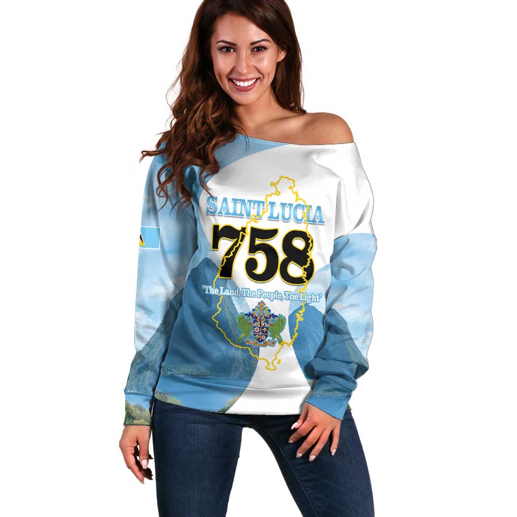 Proud To Be Saint Lucia 758 Off Shoulder Sweater Pitons With Map - Wonder Print Shop