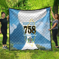 Blue and white quilt featuring Saint Lucia emblem and map graphic “758”
