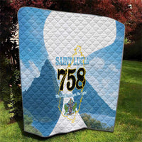 Blue quilt with white center panel, Saint Lucia logo and map “758”