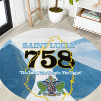 Round blue Saint Lucia 758 map area rug with crest and island outline