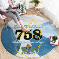 Round blue Saint Lucia 758 map area rug with crest and island outline