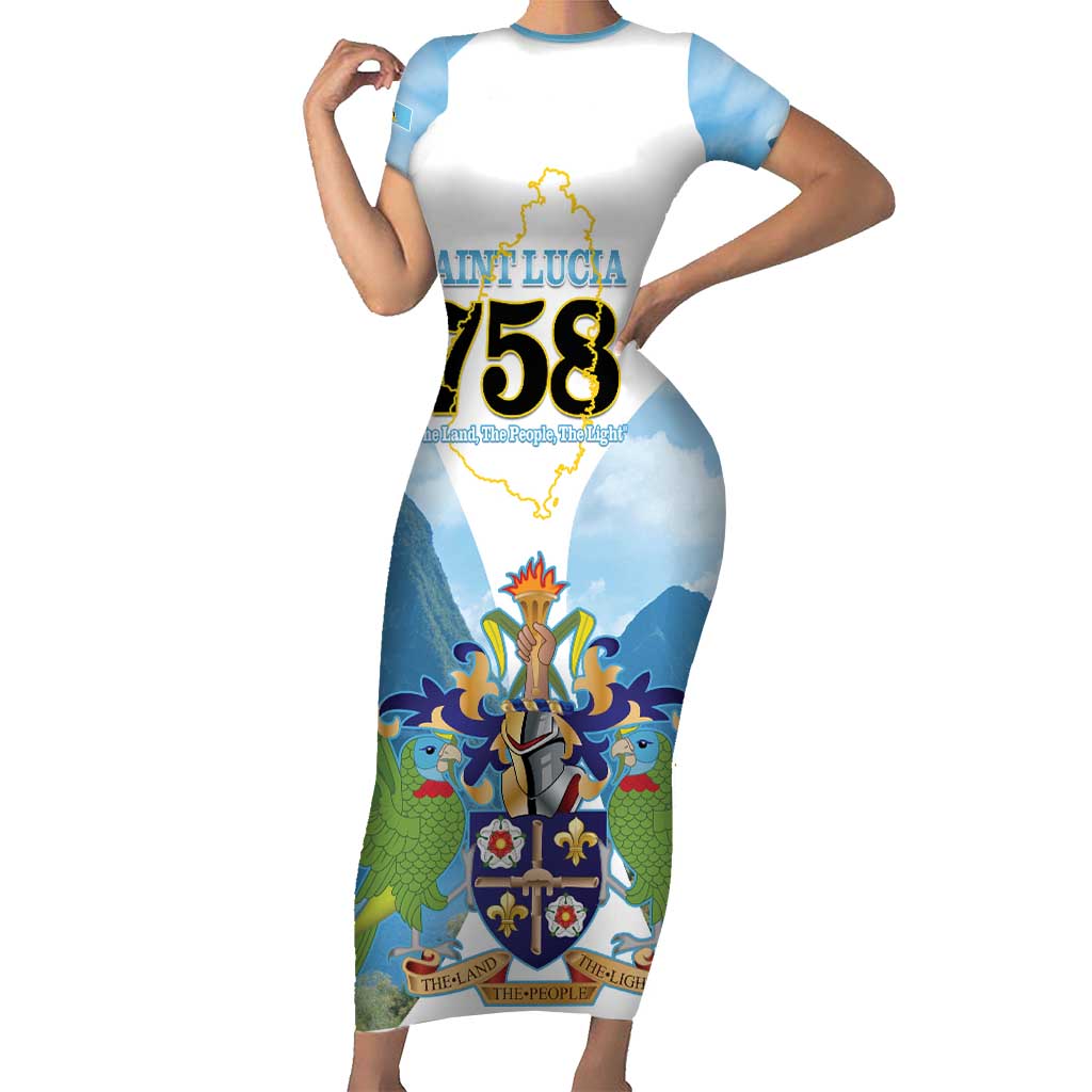 Proud To Be Saint Lucia 758 Short Sleeve Bodycon Dress Pitons With Map - Wonder Print Shop