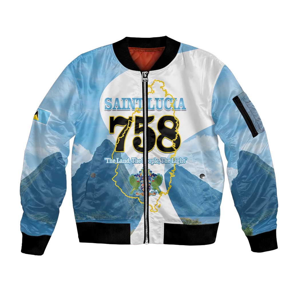 Proud To Be Saint Lucia 758 Sleeve Zip Bomber Jacket Pitons With Map - Wonder Print Shop