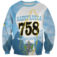 Blue and gray unisex sweatshirt with Saint Lucia 758 front graphic and map outline