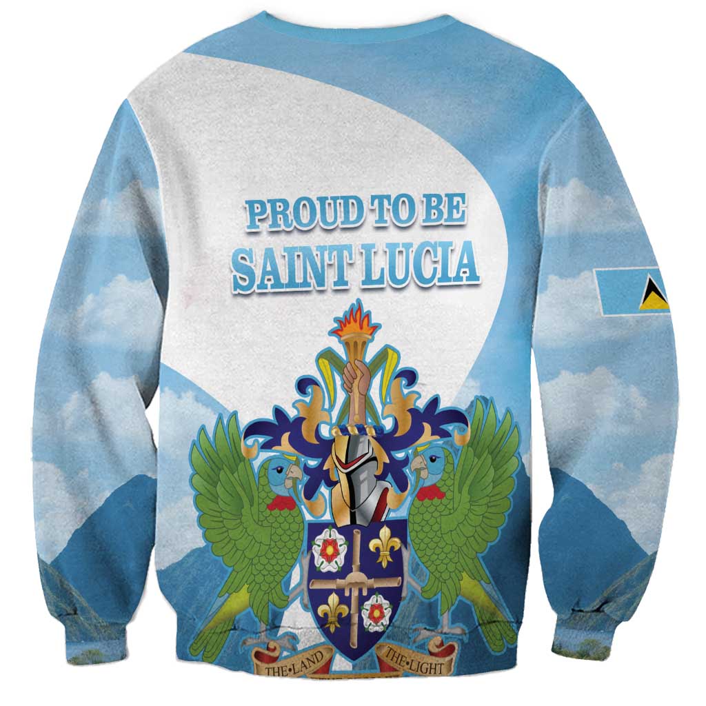 Blue and gray unisex sweatshirt with Proud to be Saint Lucia back graphic and emblem