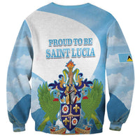 Blue and gray unisex sweatshirt with Proud to be Saint Lucia back graphic and emblem