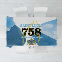 Blue tablecloth with Saint Lucia 758 design, island map outline, and mountain scenery print