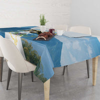 Blue tablecloth with mountain scenery and Saint Lucia 758 island map graphic, table edge drape