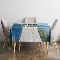 Blue tablecloth with Saint Lucia 758 top view, island map outline, and mountain landscape print