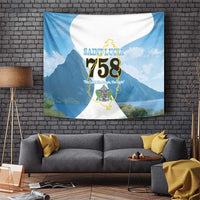 Blue Saint Lucia 758 tapestry wall hanging with flag design, mountains, sea, and map