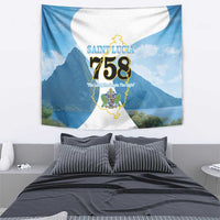 Blue Saint Lucia tapestry wall hanging with central island crest, “758” and mountainscape