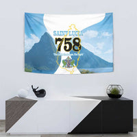 Blue Saint Lucia 758 tapestry wall hanging with left mountain view and island map crest