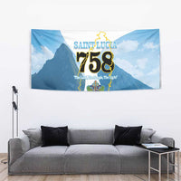 Blue Saint Lucia 758 tapestry wall hanging with large “758” over island map and crest