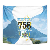 Blue-and-white Saint Lucia 758 tapestry wall hanging close-up with island map crest