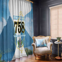 Blue and white island map window curtain panel with crest, trees, and “Saint Lucia” text