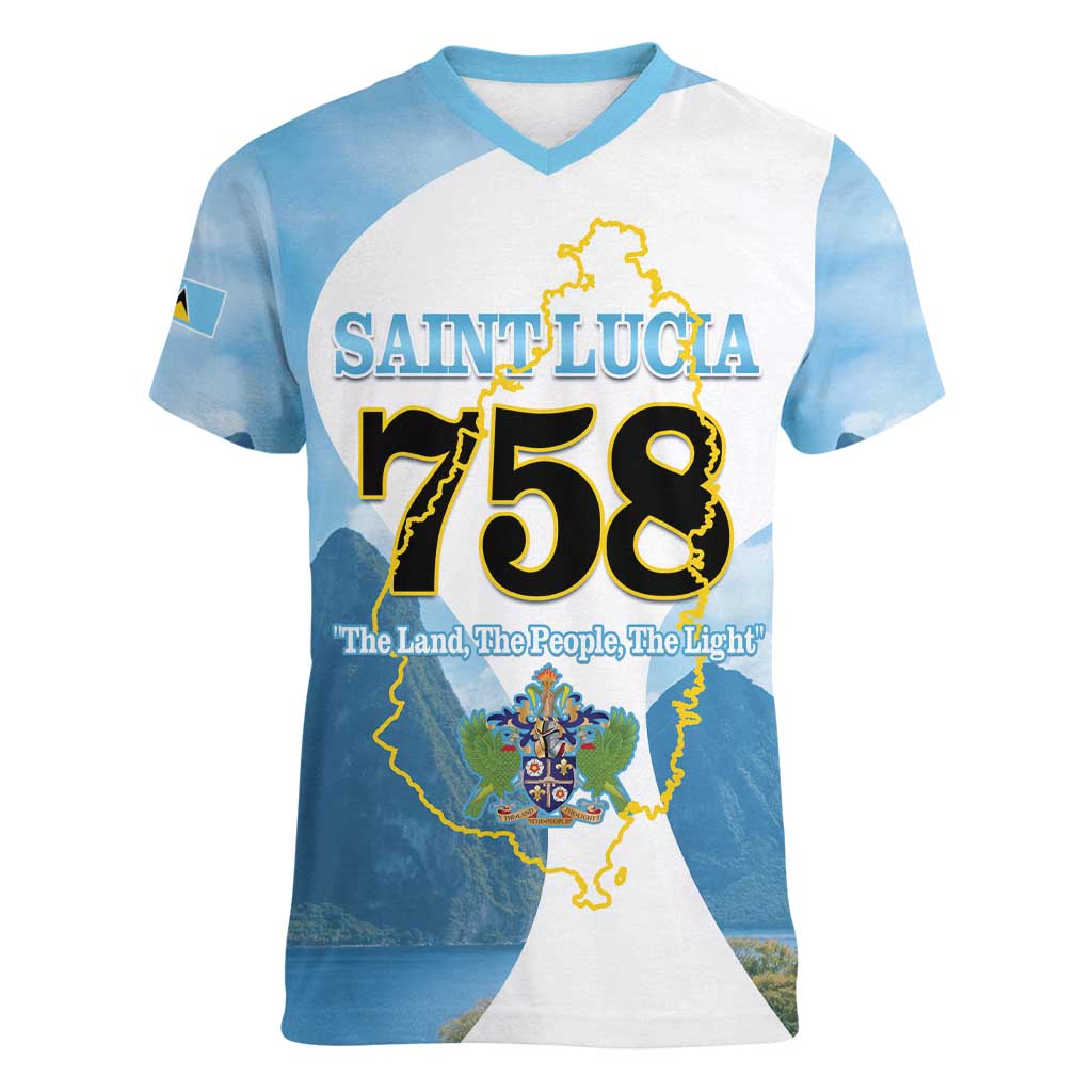 Proud To Be Saint Lucia 758 Women V-Neck T-Shirt Pitons With Map - Wonder Print Shop