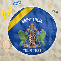 Round blue beach blanket with yellow diagonal stripe, fringe edge, Saint Lucia crest and text