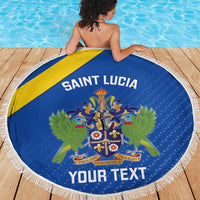 Round blue Saint Lucia beach blanket with yellow diagonal stripe, fringe edge, crest and 'YOUR TEXT'
