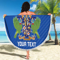 Round blue beach blanket with yellow stripe, fringe edge, Saint Lucia crest and 'YOUR TEXT' view
