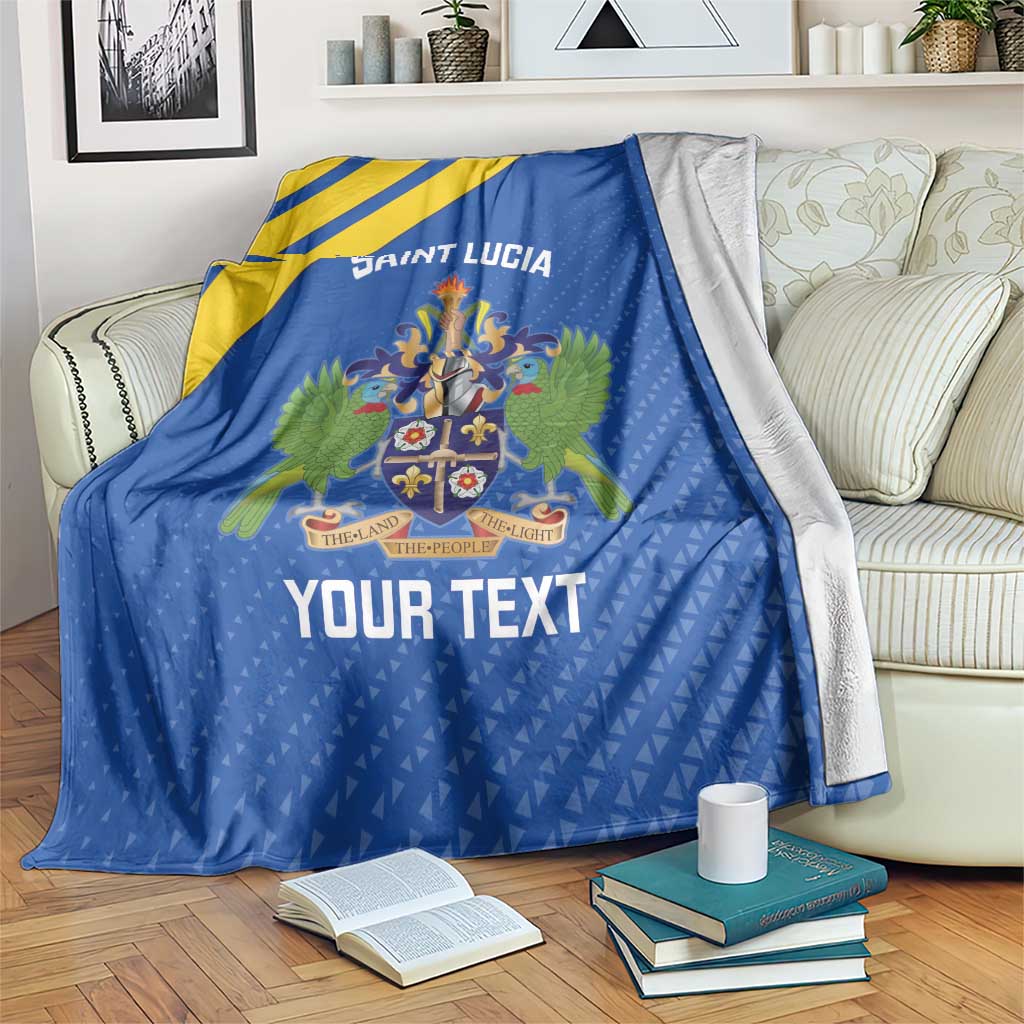 Blue and yellow Saint Lucia football blanket with crest and custom text design