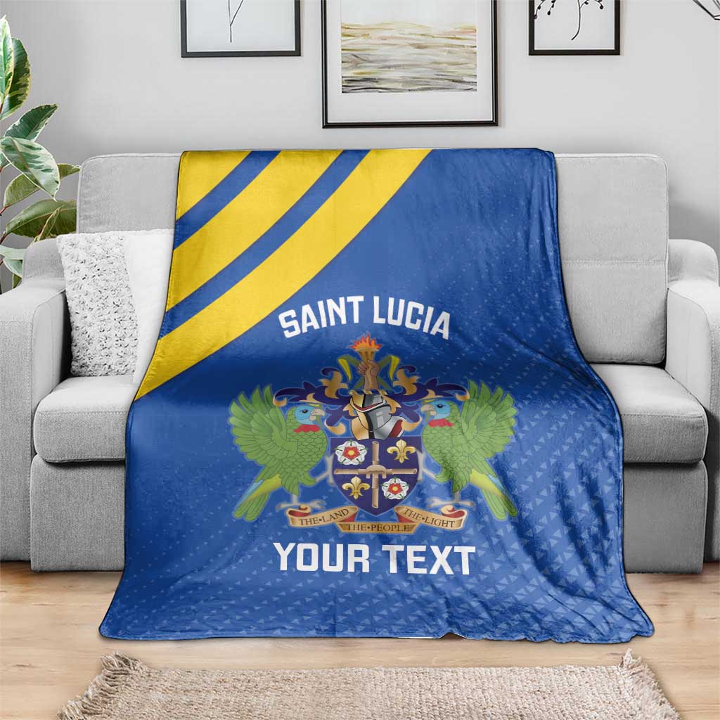 Blue Saint Lucia football blanket on sofa featuring crest emblem and custom text