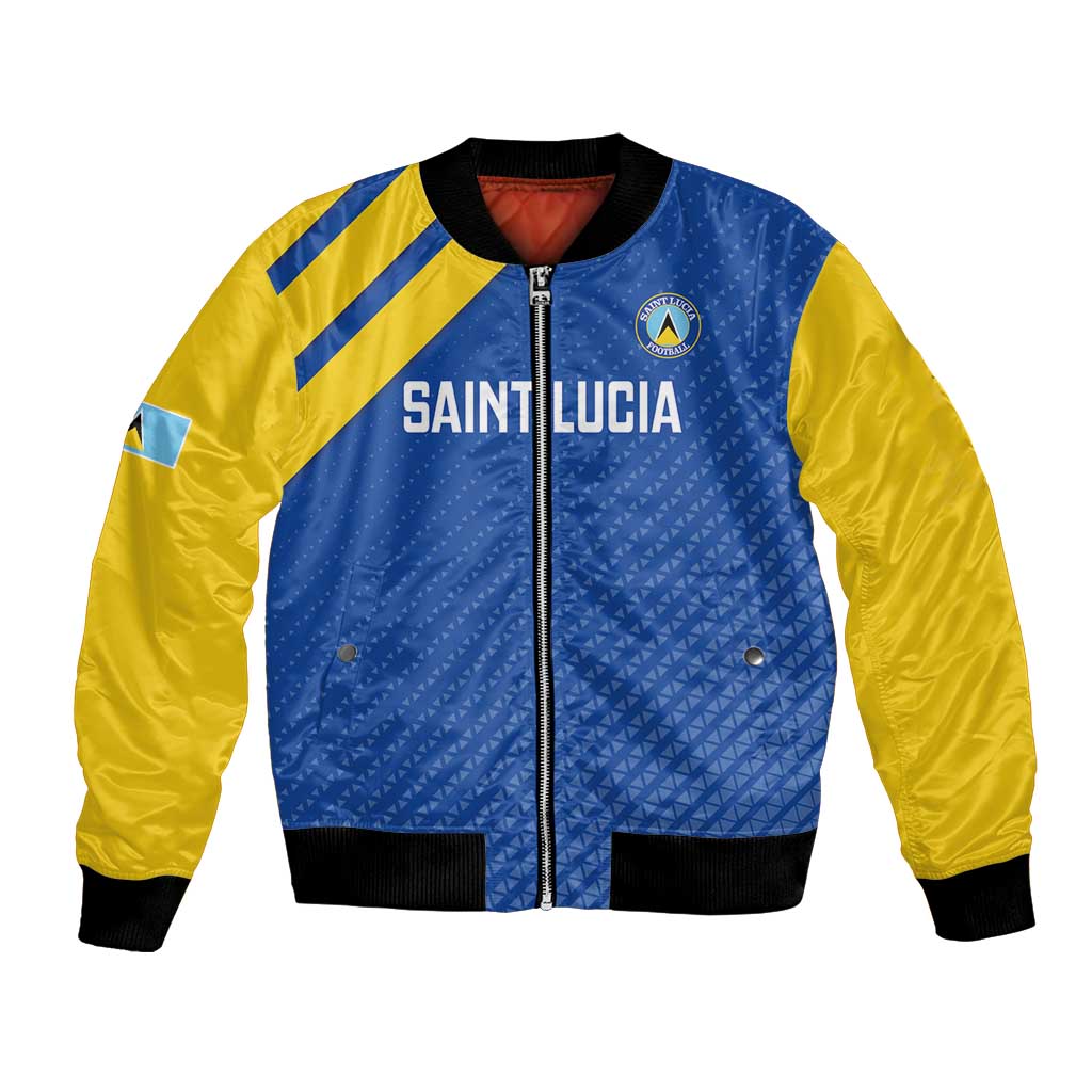 Blue and yellow varsity bomber jacket with full zipper, ribbed cuffs, and team logo patch