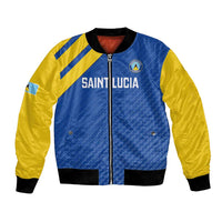 Blue and yellow varsity bomber jacket with full zipper, ribbed cuffs, and team logo patch