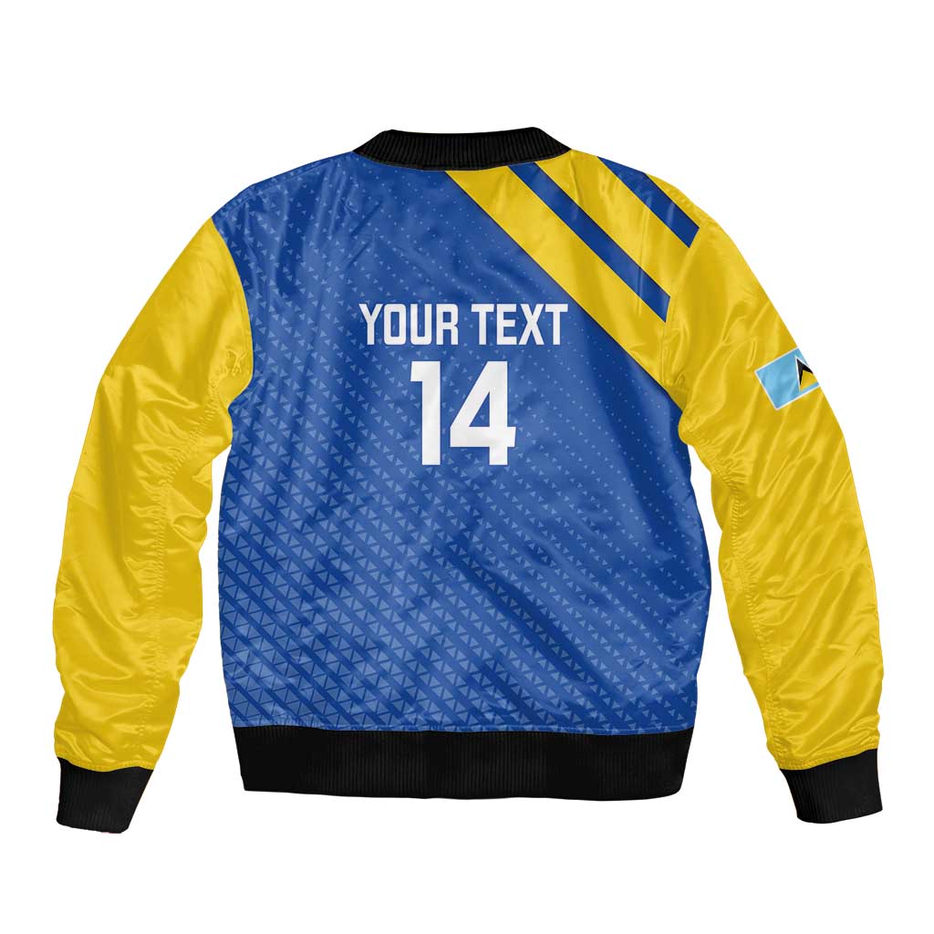 Blue bomber jacket back with yellow stripes, number 14, ribbed hem and cuffs