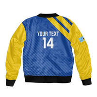 Blue bomber jacket back with yellow stripes, number 14, ribbed hem and cuffs