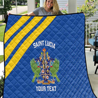 Blue and yellow diagonal stripe custom quilt with Saint Lucia crest and “Your Text” panel
