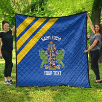 Blue quilt with yellow diagonal stripes, Saint Lucia crest, and “Your Text” centered design