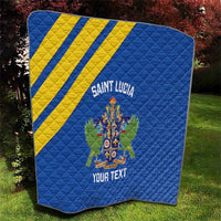Blue quilt with stitched texture, yellow diagonal stripe, Saint Lucia crest, and “Your Text”