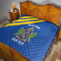 Blue and yellow diagonal stripe quilt on bed, Saint Lucia crest and “Your Text”