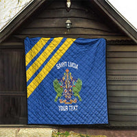 Blue quilt with yellow diagonal stripe, Saint Lucia crest, and “Your Text” on wall backdrop